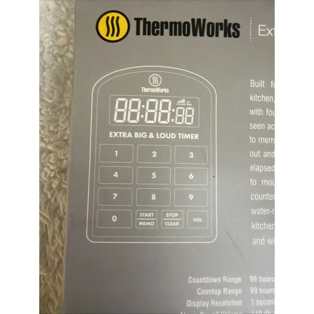 ThermoWorks Extra Big & Loud Kitchen Timer Dark Gray 5.1 x 3.5 in NIB New TX4100